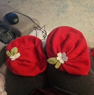 Lot Of 2 Gymboree Vibrant Red Cotton Beanies Sz 5 - 7, Valentines Day Cherry Red